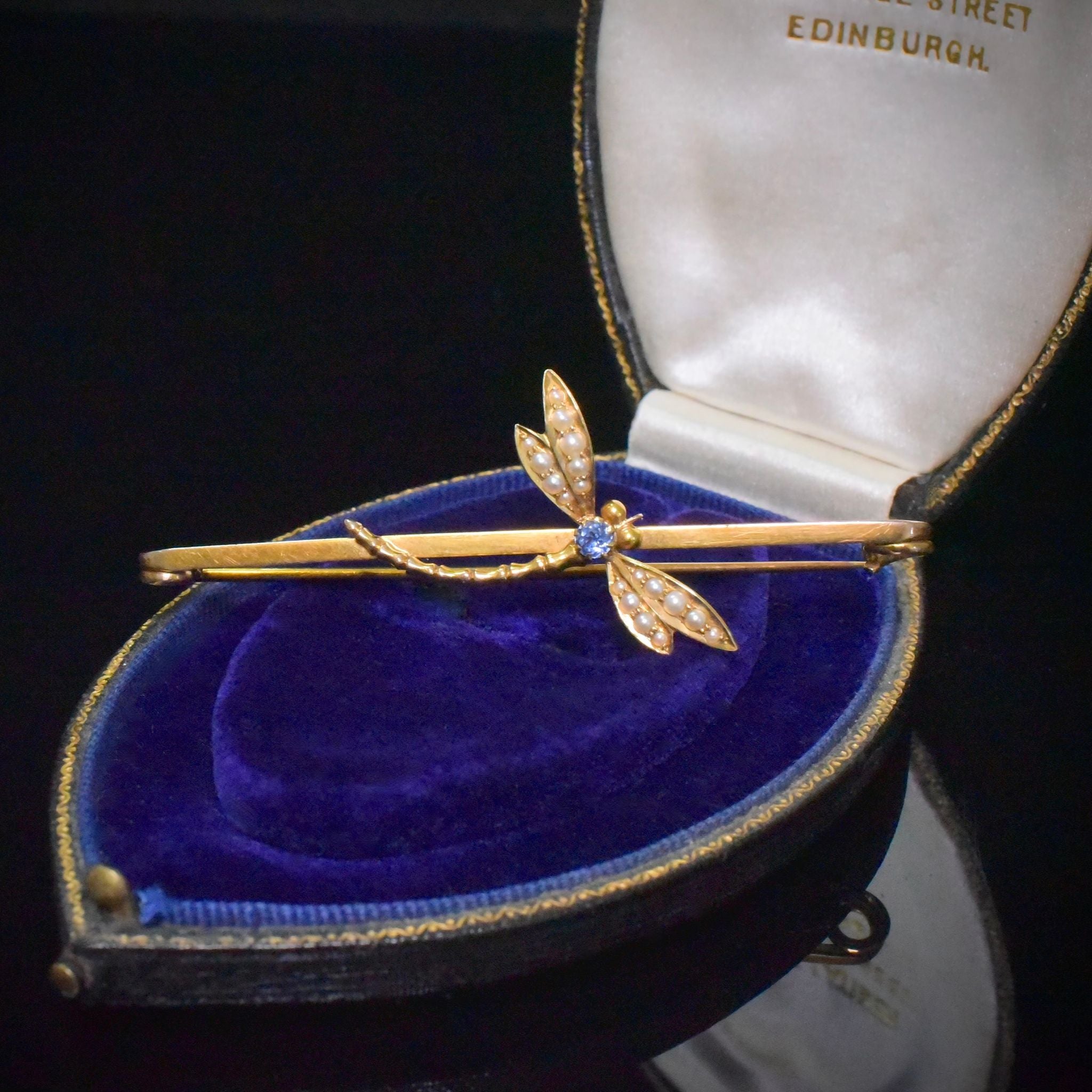 Superb Edwardian / Art Nouveau Era 9ct Yellow Gold Sapphire & Pearl Dragonfly Brooch Circa 1910-15