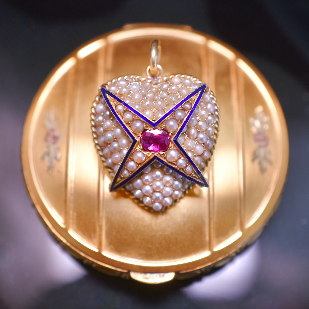 Victorian 18ct Yellow Gold Ruby Pearl Blue Enamel Celestial Heart Pendant Circa 1870-80