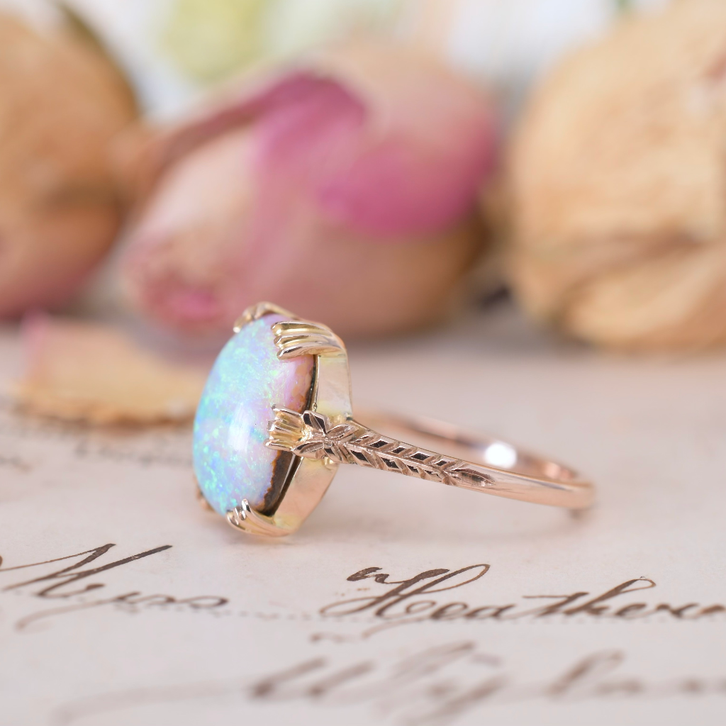 Vintage 9ct Rose Gold Solid Crystal Boulder Opal Ring Circa 1940’s