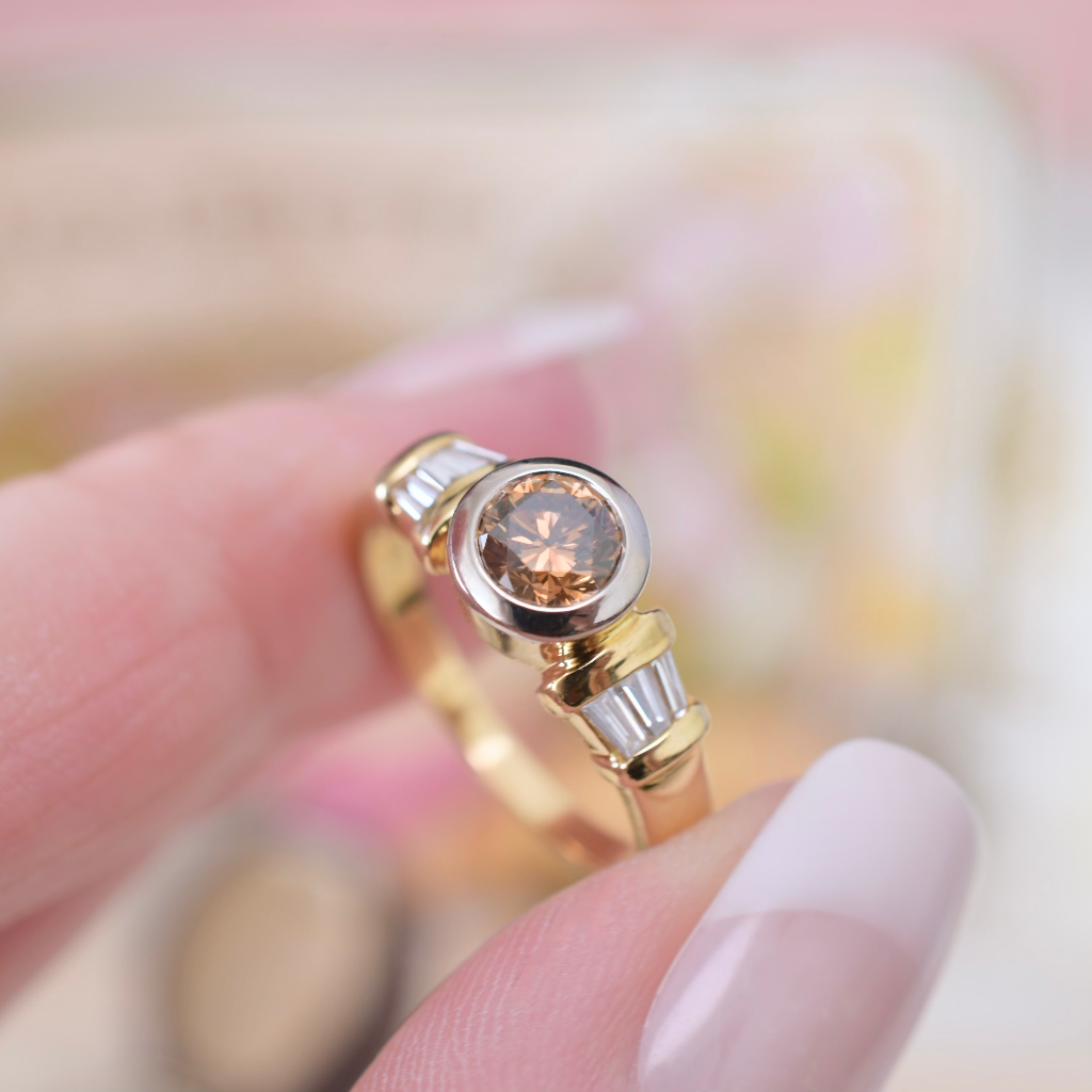 Modern 18ct Yellow Gold Champagne/Cognac And White Diamond Ring Independent Valuation Included For $8,500.00 AUD