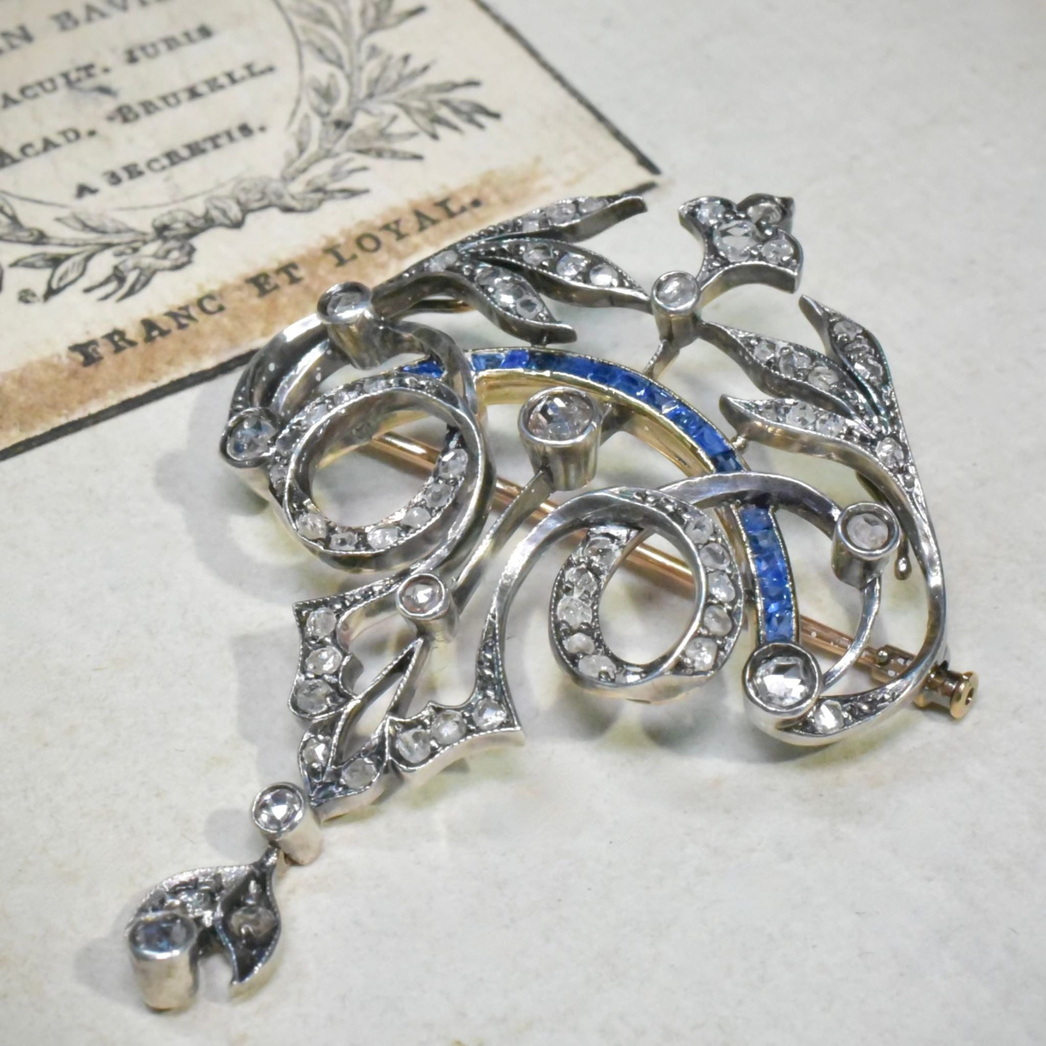 Superb Antique Victorian 15ct Yellow Gold And Silver Diamond And Sapphire Pendant/Brooch Circa 1890