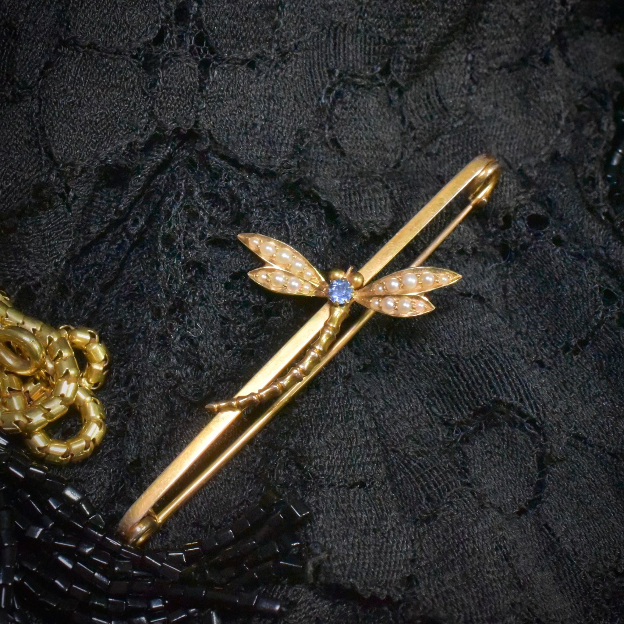 Superb Edwardian / Art Nouveau Era 9ct Yellow Gold Sapphire & Pearl Dragonfly Brooch Circa 1910-15
