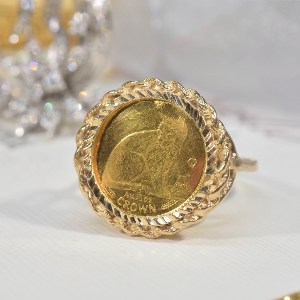 Stunning 24ct Gold 1990 Isle of Man ‘Alley Cat’ 1/25 Oz Crown Elizabeth II 9ct Gold Ring