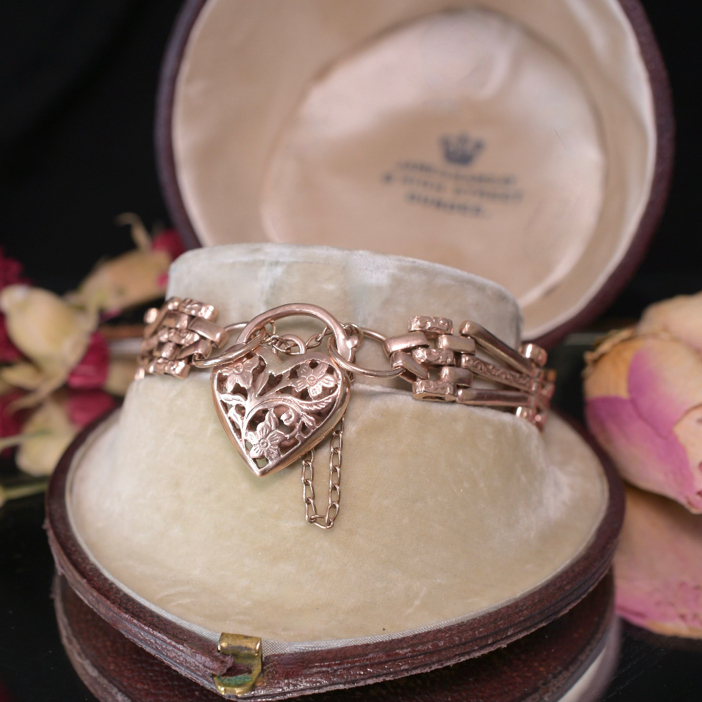 Vintage 9ct Rose Gold Floral Pattern Gate Link Padlock Bracelet 28 Grams