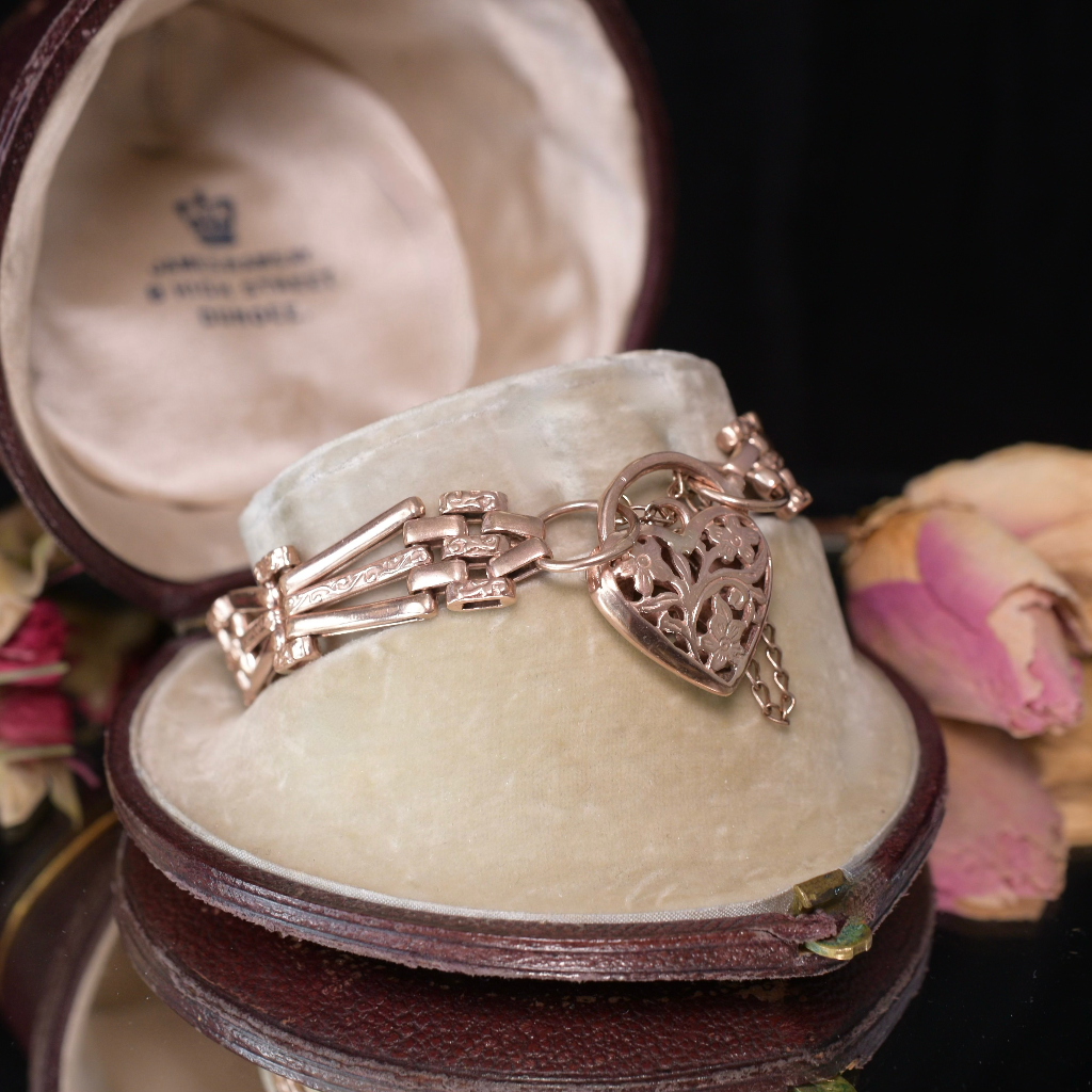 Vintage 9ct Rose Gold Floral Pattern Gate Link Padlock Bracelet 28 Grams