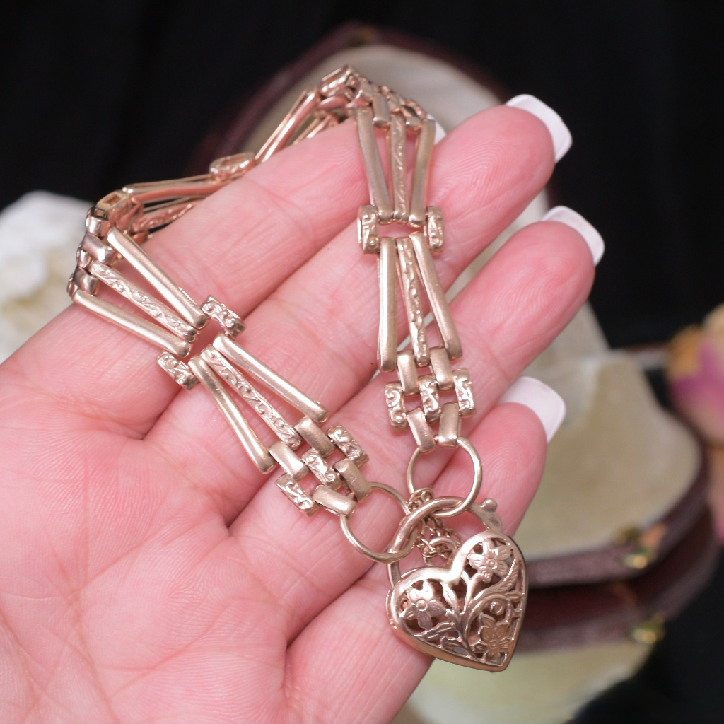Vintage 9ct Rose Gold Floral Pattern Gate Link Padlock Bracelet 28 Grams
