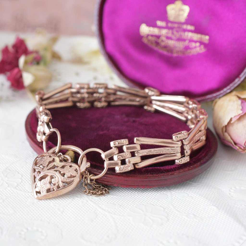 Vintage 9ct Rose Gold Floral Pattern Gate Link Padlock Bracelet 28 Grams