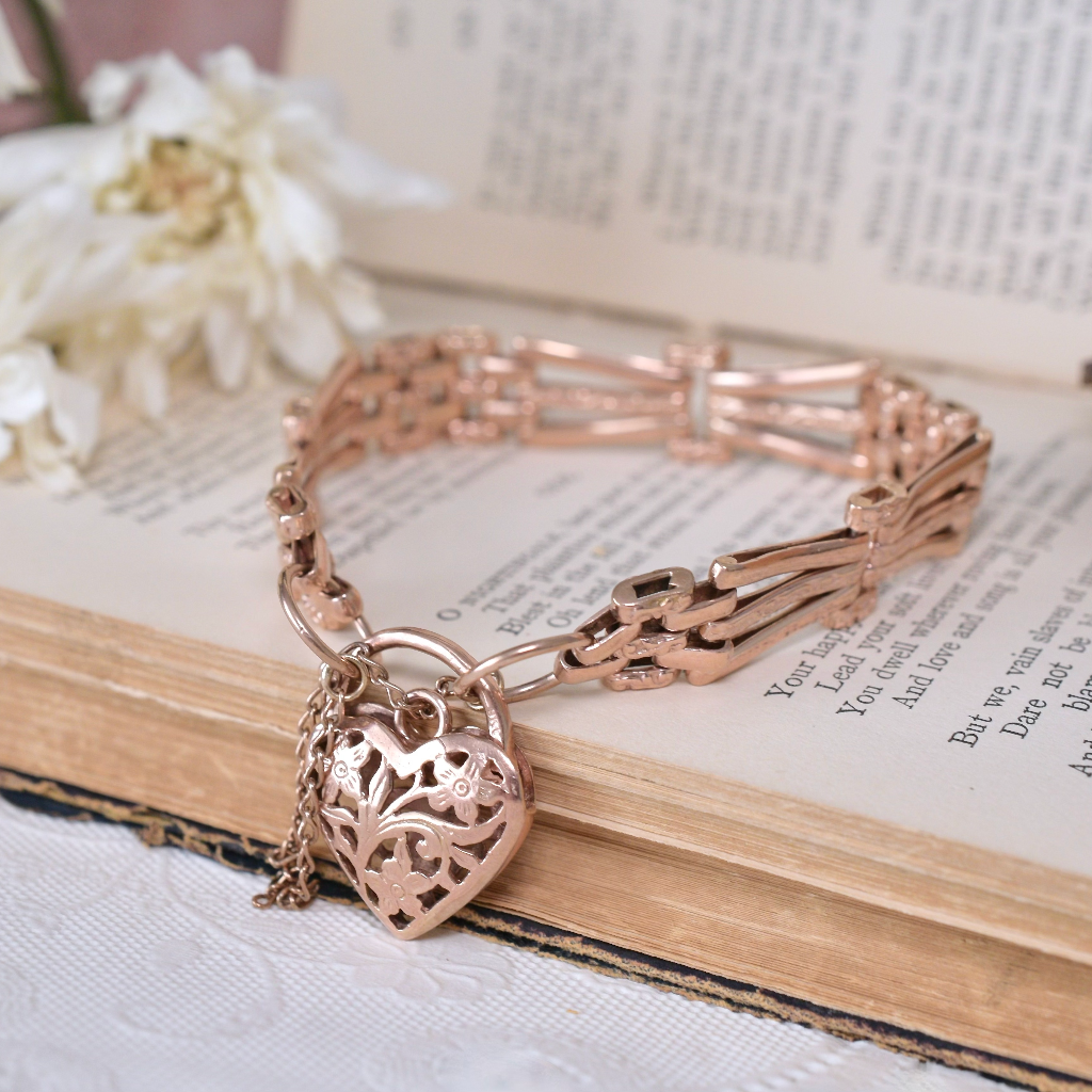 Vintage 9ct Rose Gold Floral Pattern Gate Link Padlock Bracelet 28 Grams