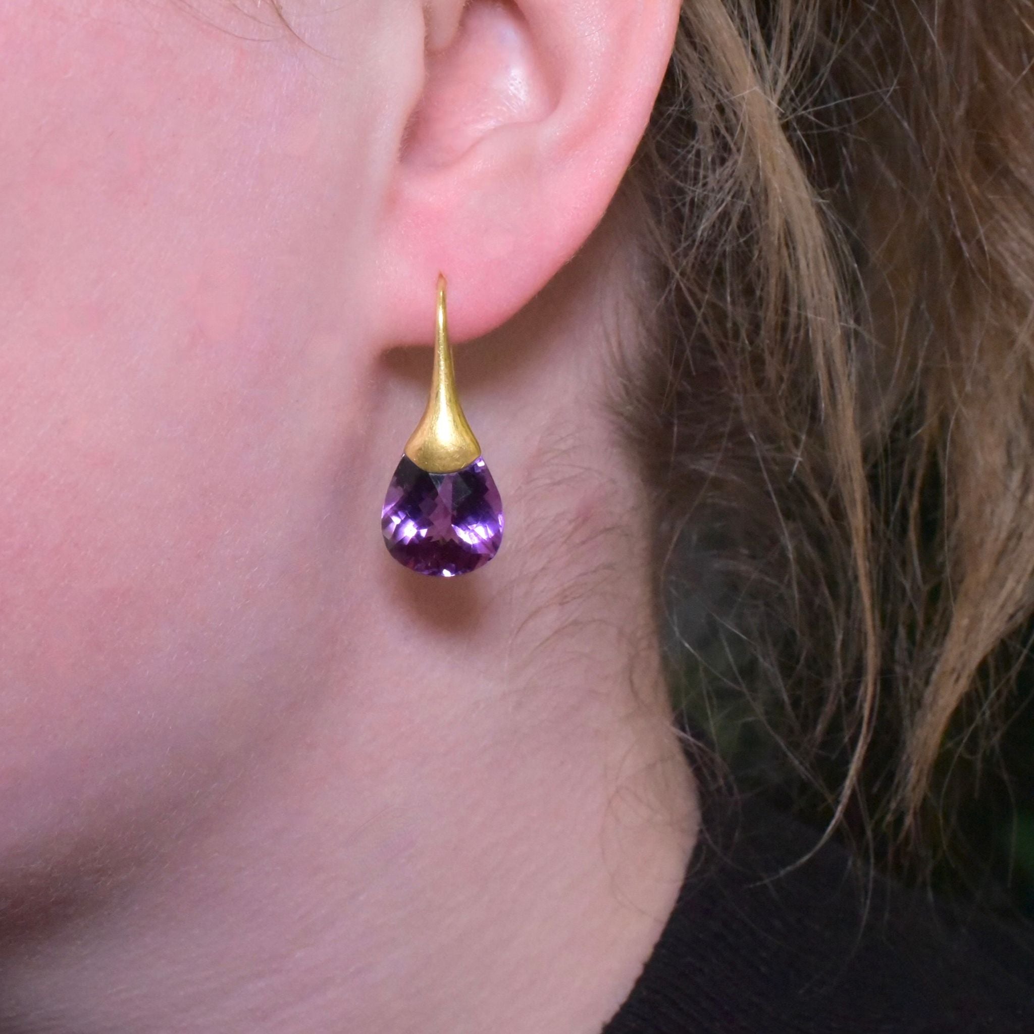 Contemporary 18ct Yellow Gold And Amethyst Drop Earrings