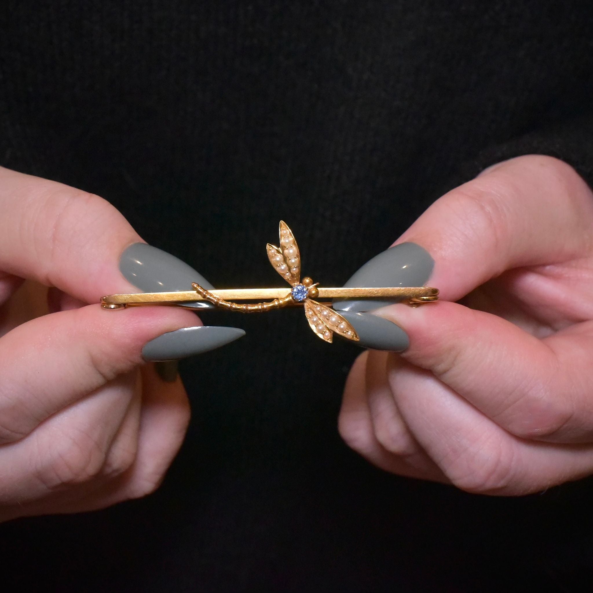 Superb Edwardian / Art Nouveau Era 9ct Yellow Gold Sapphire & Pearl Dragonfly Brooch Circa 1910-15
