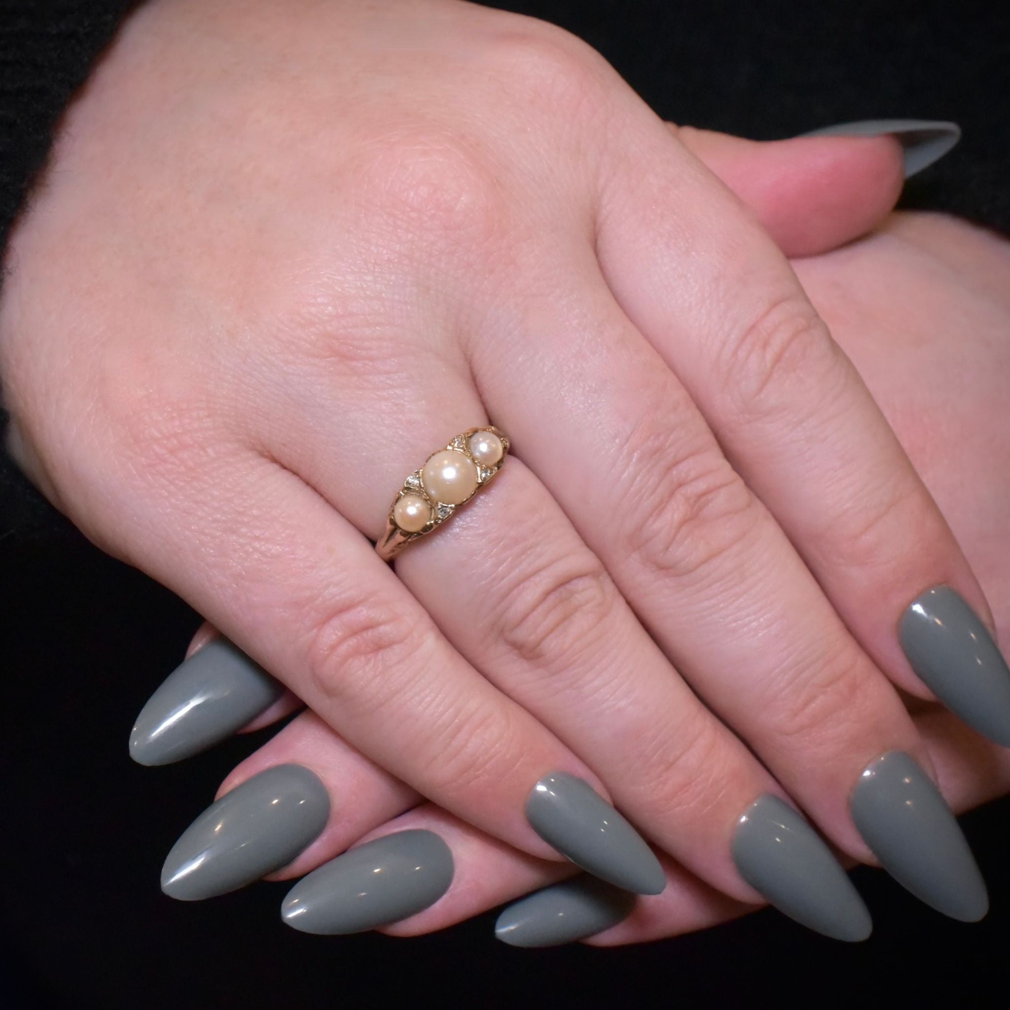 Stunning Vintage 9ct Yellow Gold Half Pearl And Diamond Ring