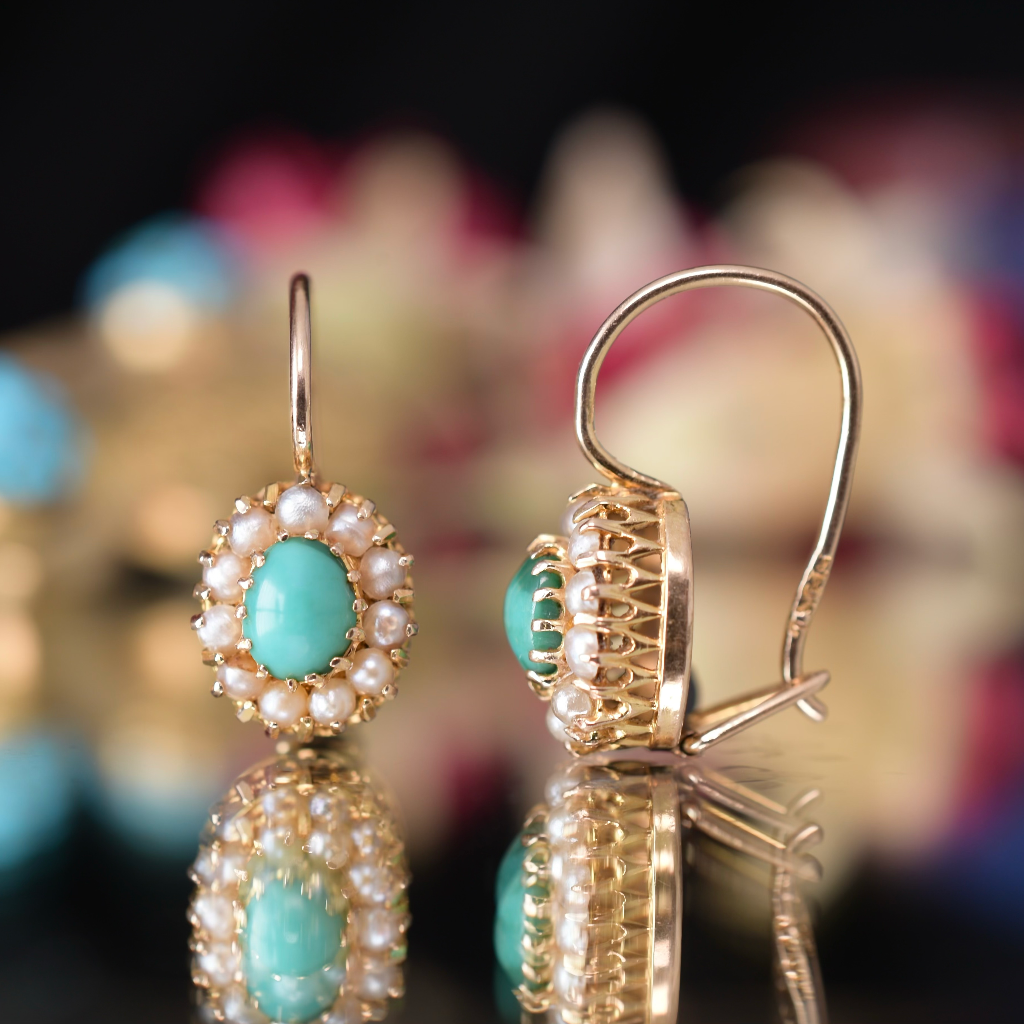 Antique 15ct Rose Gold Turquoise And Seed Pearl Earrings Circa 1900
