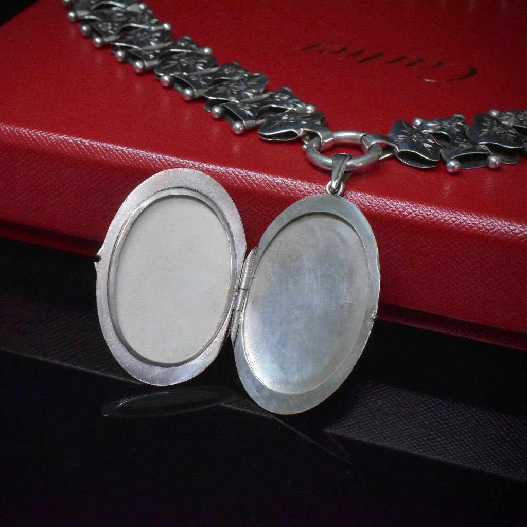 Antique Victorian Silver ‘Day And Night’ Reversible Locket And Bookchain Collar Necklace Circa 1890