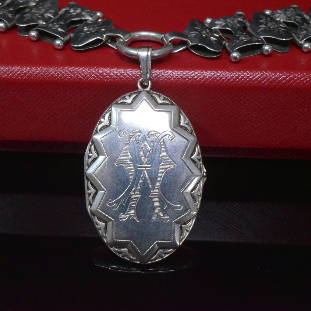 Antique Victorian Silver ‘Day And Night’ Reversible Locket And Bookchain Collar Necklace Circa 1890