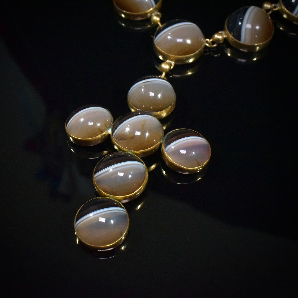 Superb Antique Victorian Domed Banded Agate Cross Necklace Circa 1860