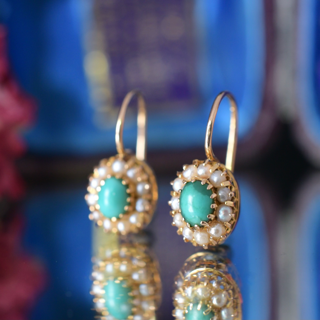 Antique 15ct Rose Gold Turquoise And Seed Pearl Earrings Circa 1900