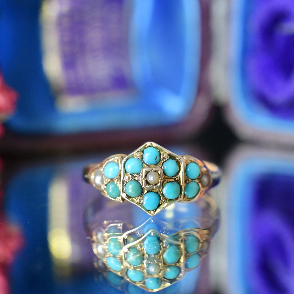 Antique Victorian 9ct Yellow Gold Turquoise And Seed Pearl Ring - 1891