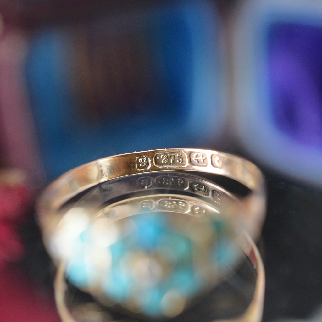 Antique Victorian 9ct Yellow Gold Turquoise And Seed Pearl Ring - 1891