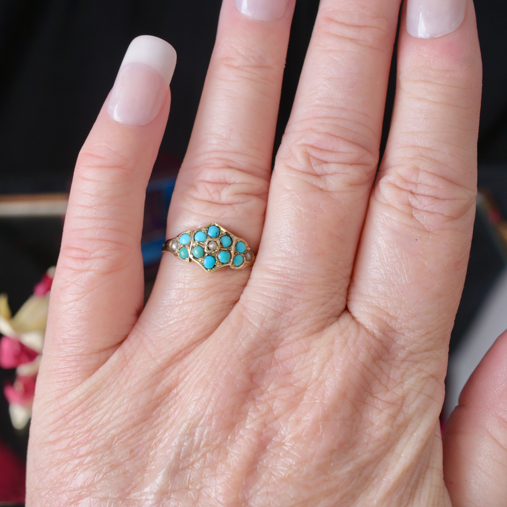 Antique Victorian 9ct Yellow Gold Turquoise And Seed Pearl Ring - 1891