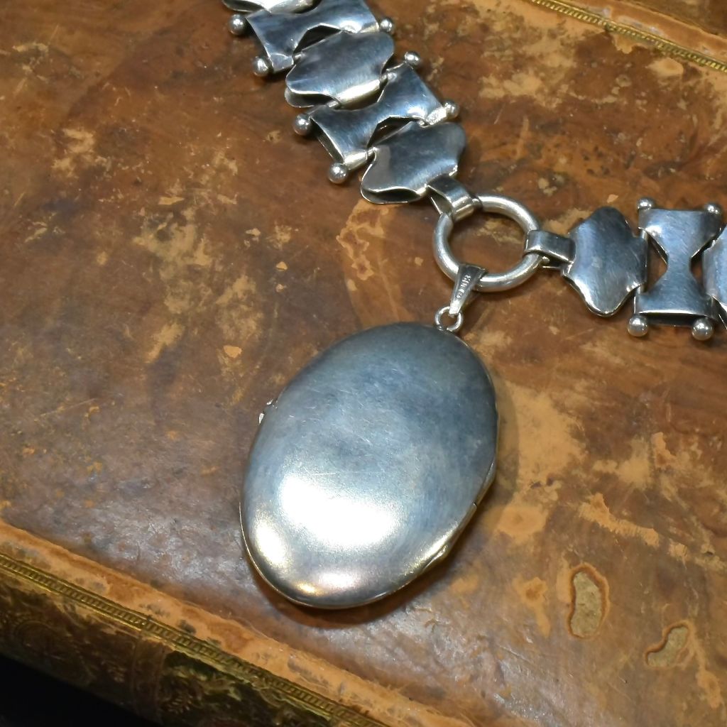 Antique Victorian Silver ‘Day And Night’ Reversible Locket And Bookchain Collar Necklace Circa 1890