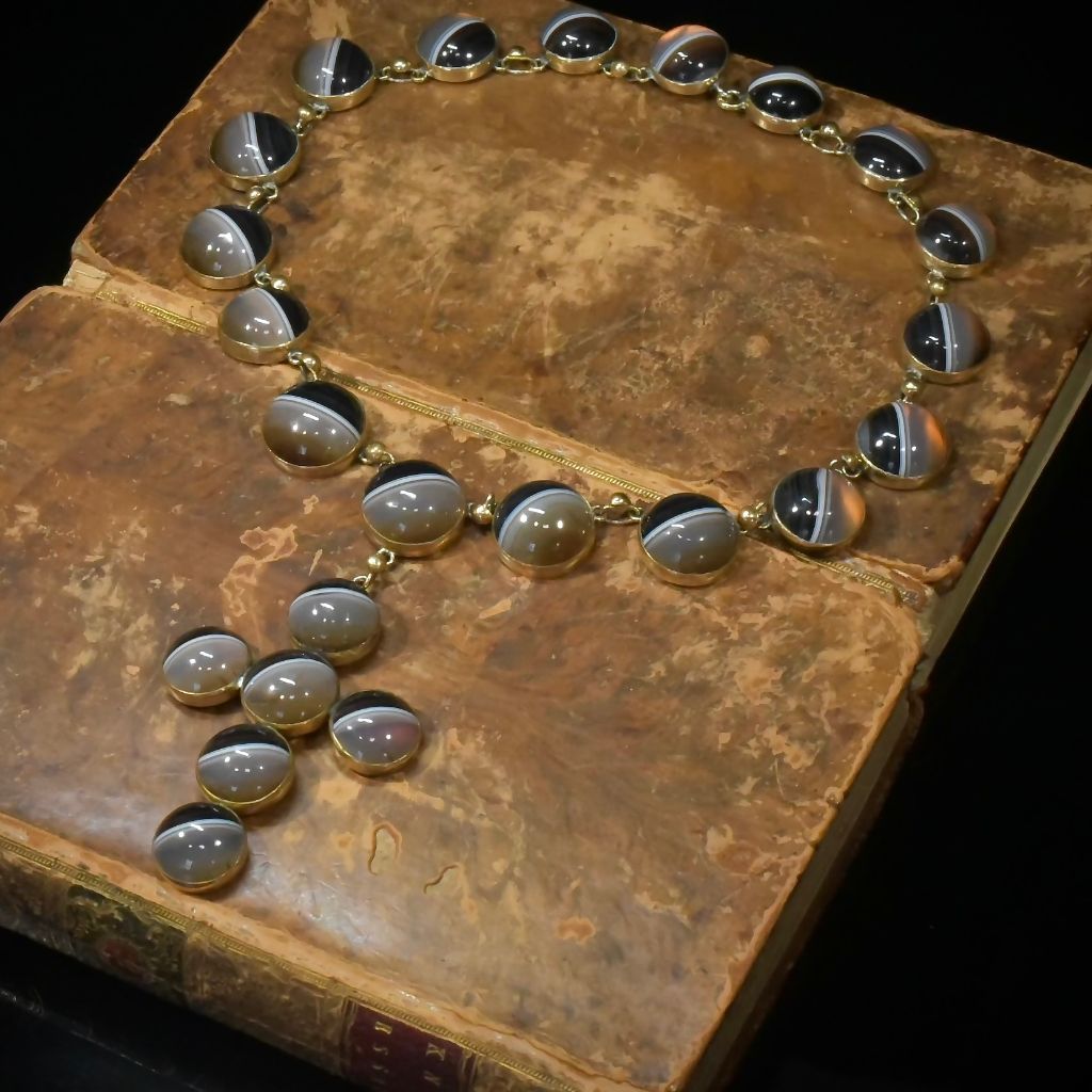 Superb Antique Victorian Domed Banded Agate Cross Necklace Circa 1860