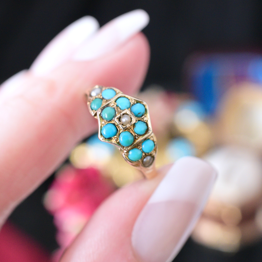 Antique Victorian 9ct Yellow Gold Turquoise And Seed Pearl Ring - 1891