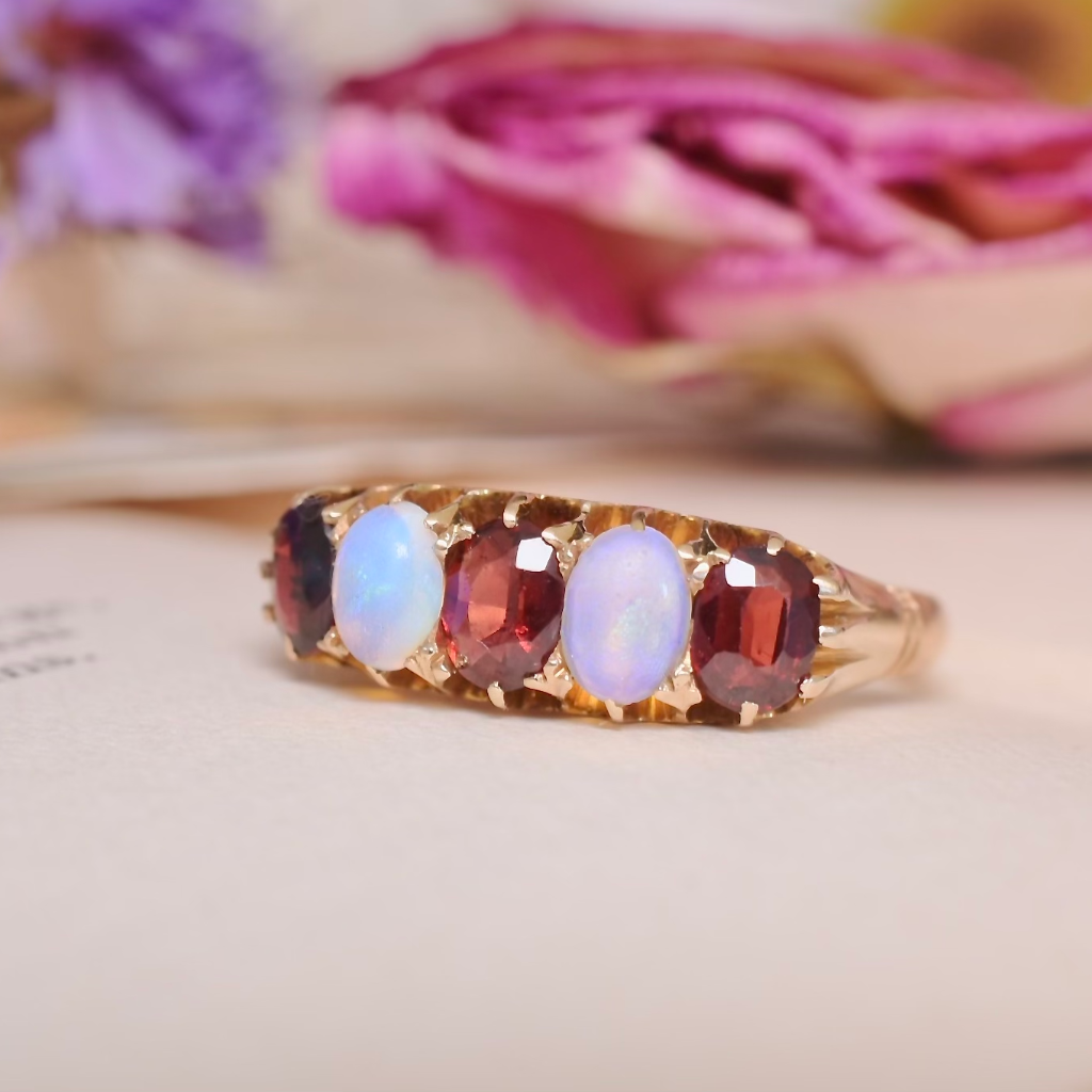Antique Australian 18ct Rose Gold Garnet And Opal Ring Circa 1910-15