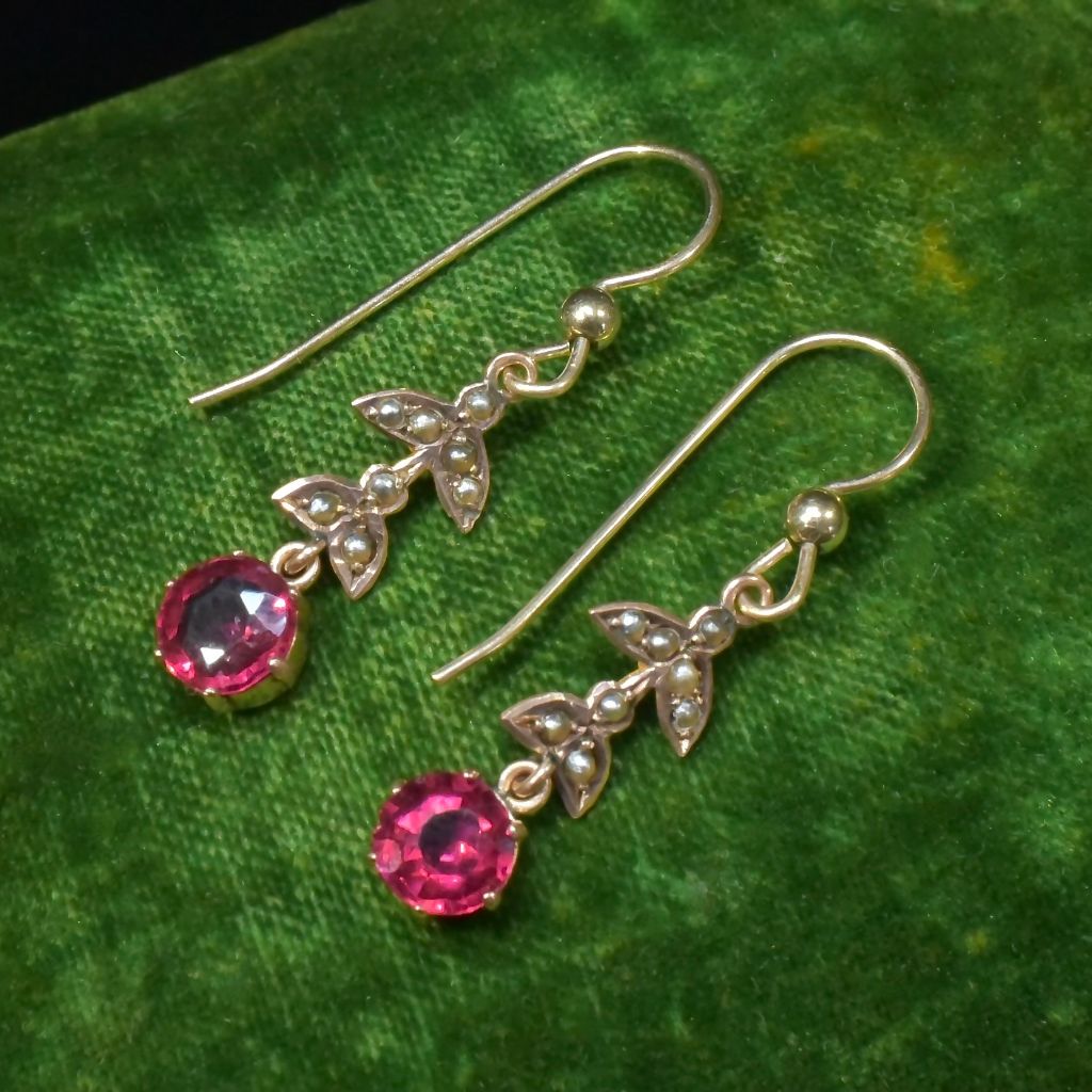 Antique Edwardian Rose Gold Seed Pearl And Red Paste Earrings Circa 1915