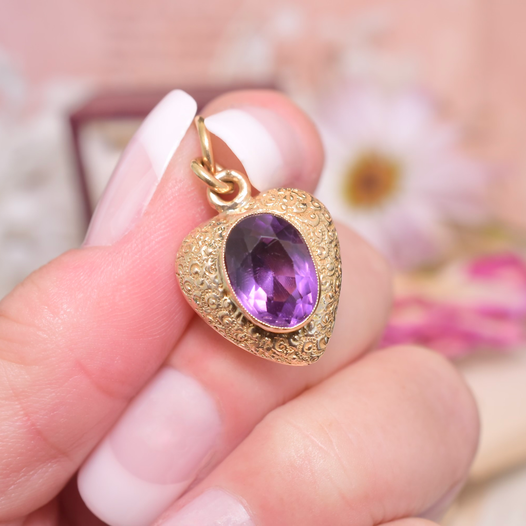 Antique Victorian 15ct Yellow Gold And Amethyst ‘Puffy’ Heart Pendant