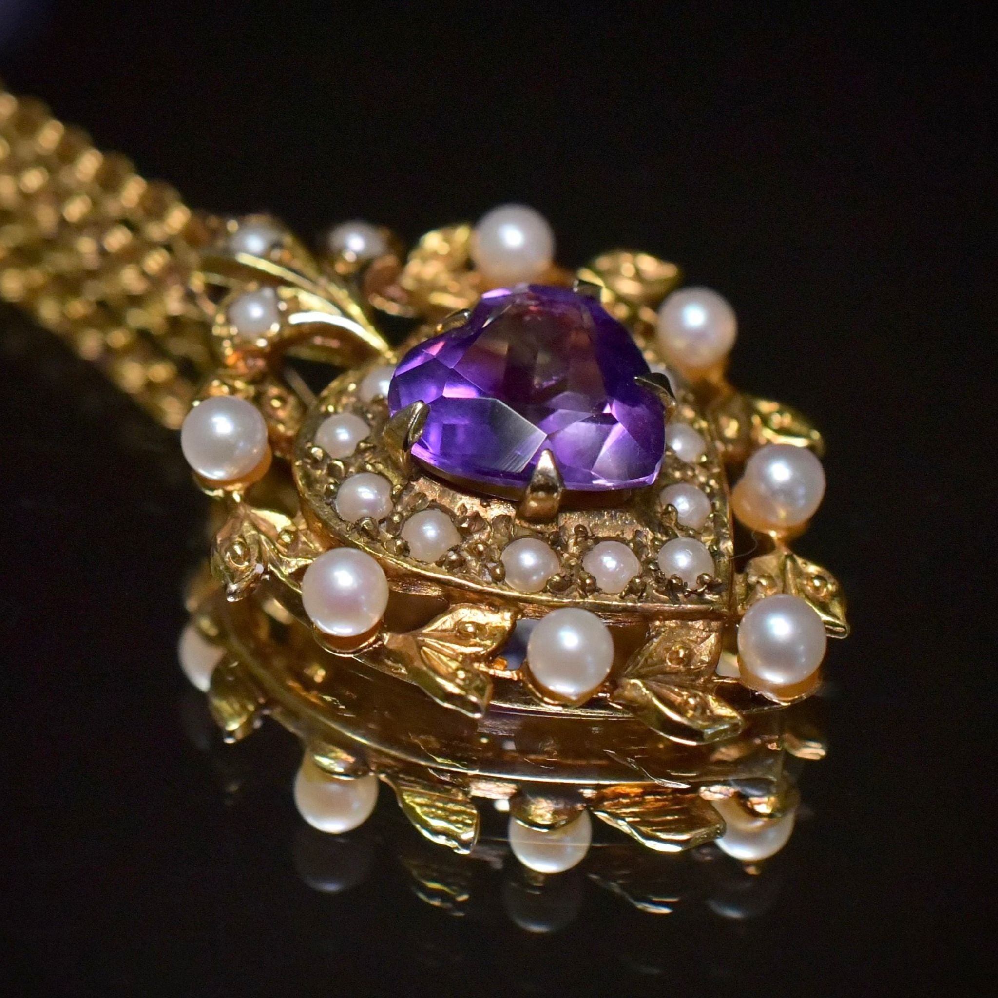 Stunning Vintage 9ct Yellow Gold Heart-Cut Amethyst And Pearl Pendant - London 1976