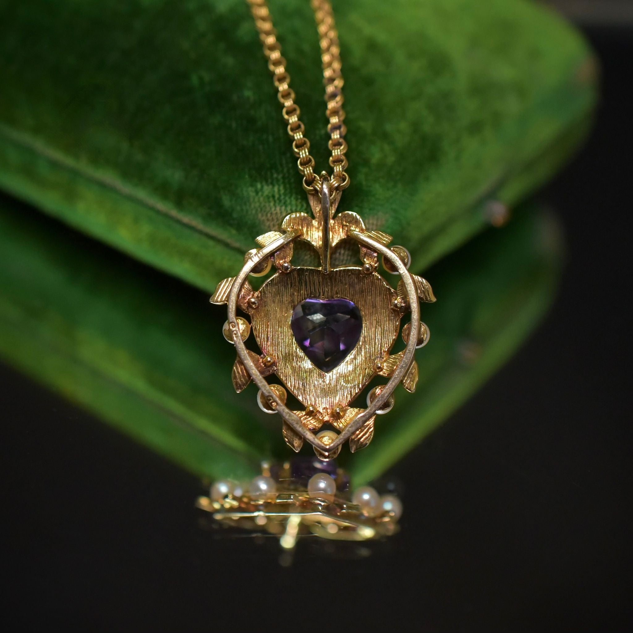 Stunning Vintage 9ct Yellow Gold Heart-Cut Amethyst And Pearl Pendant - London 1976