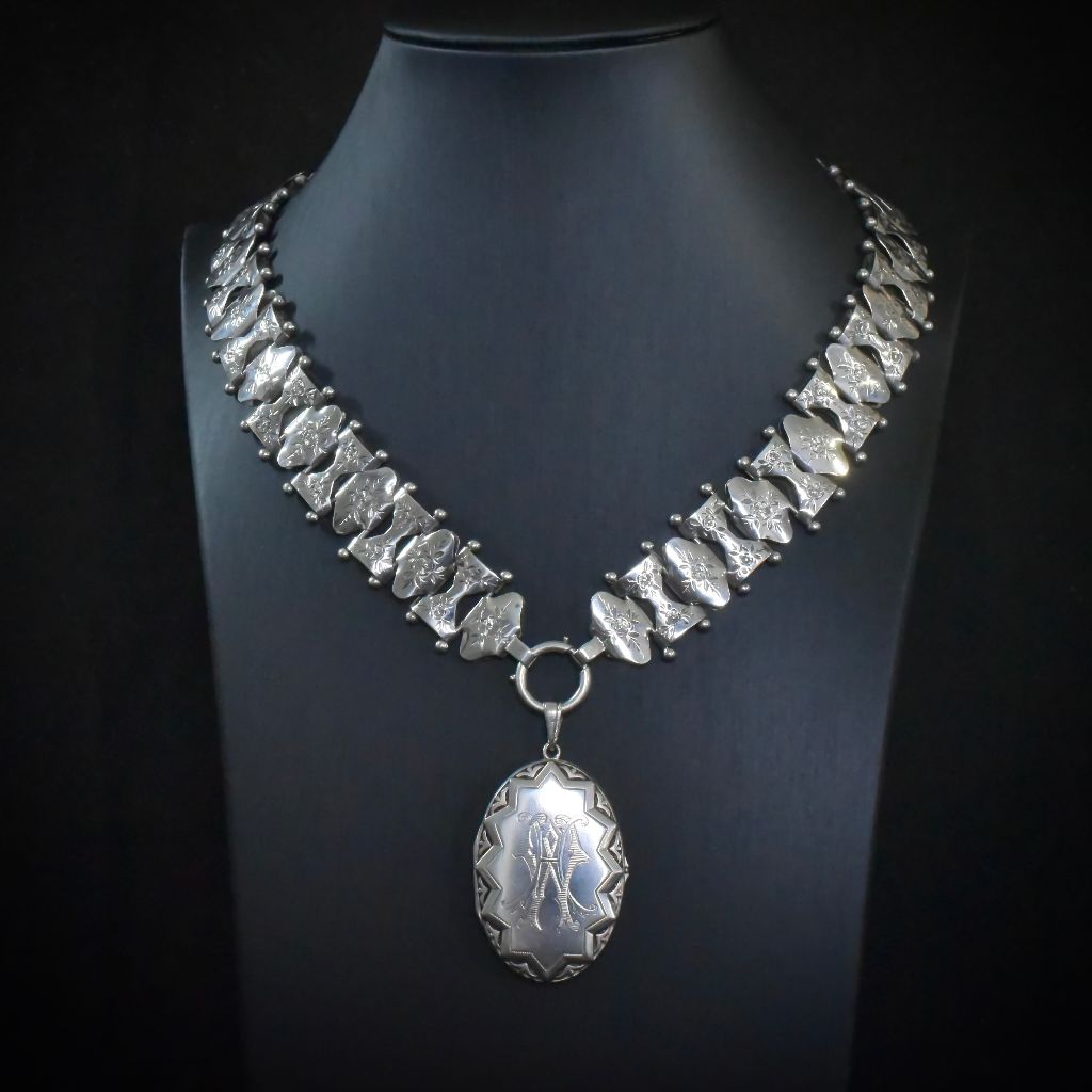 Antique Victorian Silver ‘Day And Night’ Reversible Locket And Bookchain Collar Necklace Circa 1890