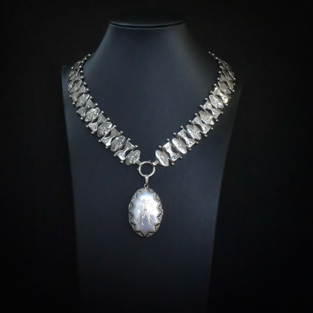 Antique Victorian Silver ‘Day And Night’ Reversible Locket And Bookchain Collar Necklace Circa 1890