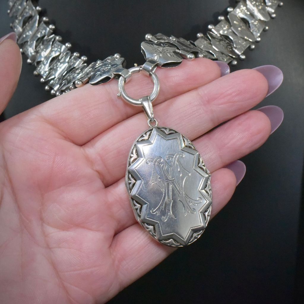 Antique Victorian Silver ‘Day And Night’ Reversible Locket And Bookchain Collar Necklace Circa 1890