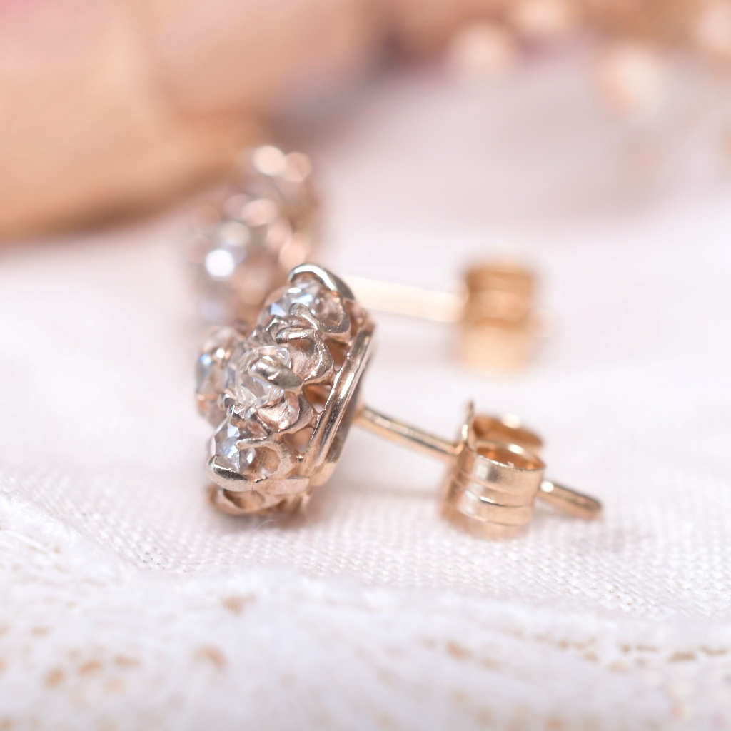 Antique Art Deco Era 9ct And Old Mine Cut Diamond Daisy Cluster Earrings Circa 1920