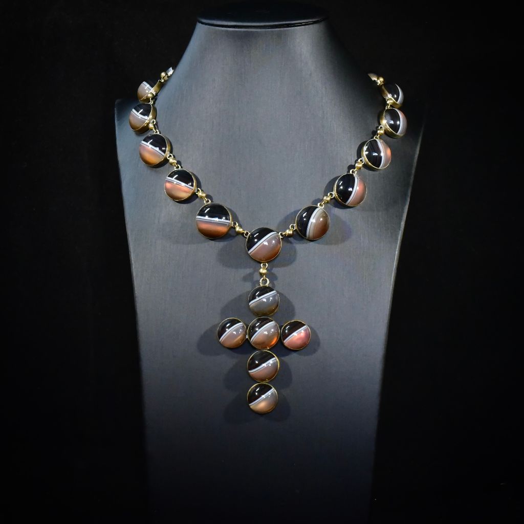 Superb Antique Victorian Domed Banded Agate Cross Necklace Circa 1860
