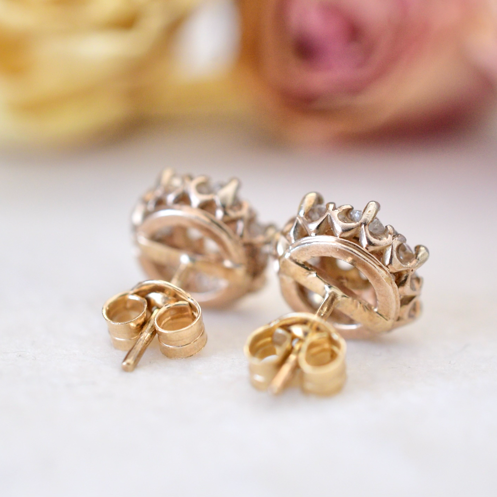 Antique Art Deco Era 9ct And Old Mine Cut Diamond Daisy Cluster Earrings Circa 1920