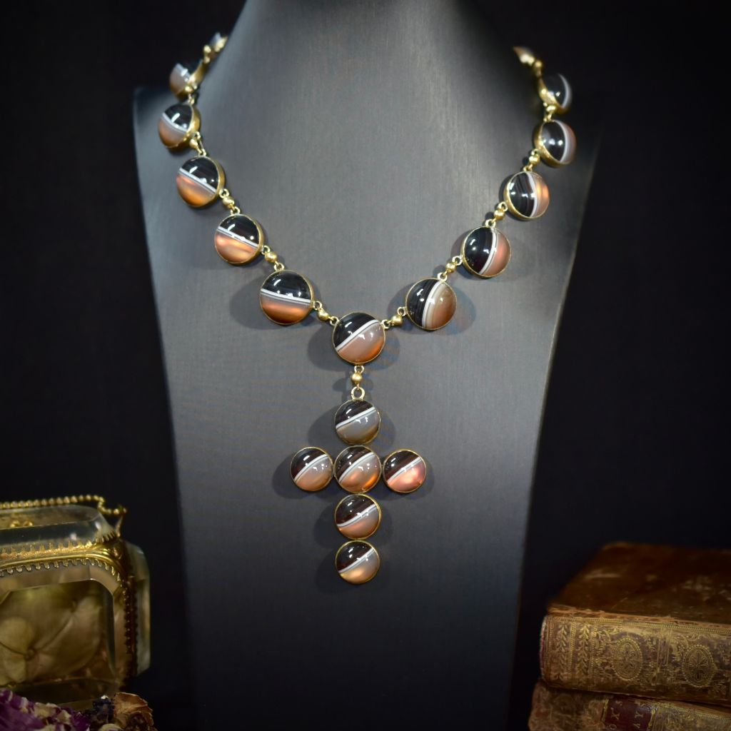 Superb Antique Victorian Domed Banded Agate Cross Necklace Circa 1860