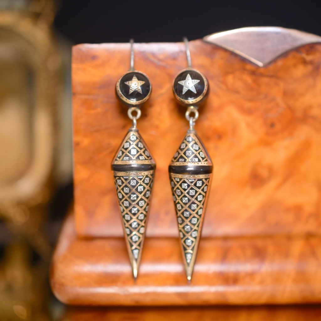 Antique Victorian French Gold And Silver ‘Pique’ Tortoiseshell Earrings Circa 1870 - 80s