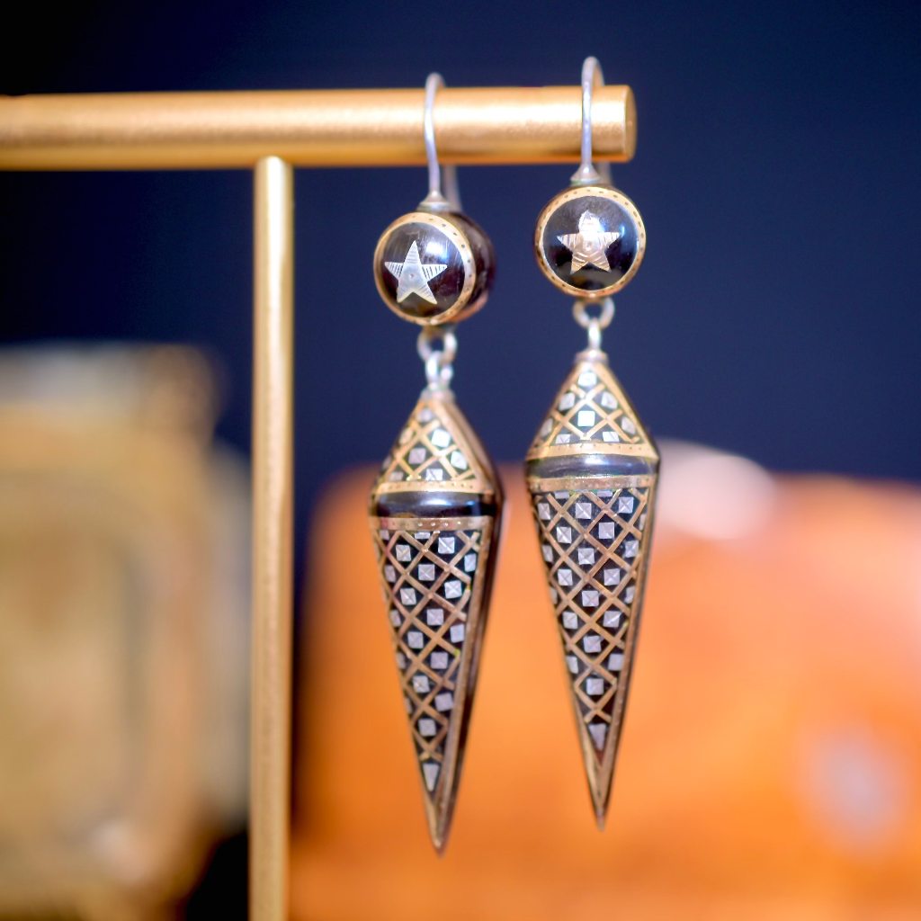 Antique Victorian French Gold And Silver ‘Pique’ Tortoiseshell Earrings Circa 1870 - 80s