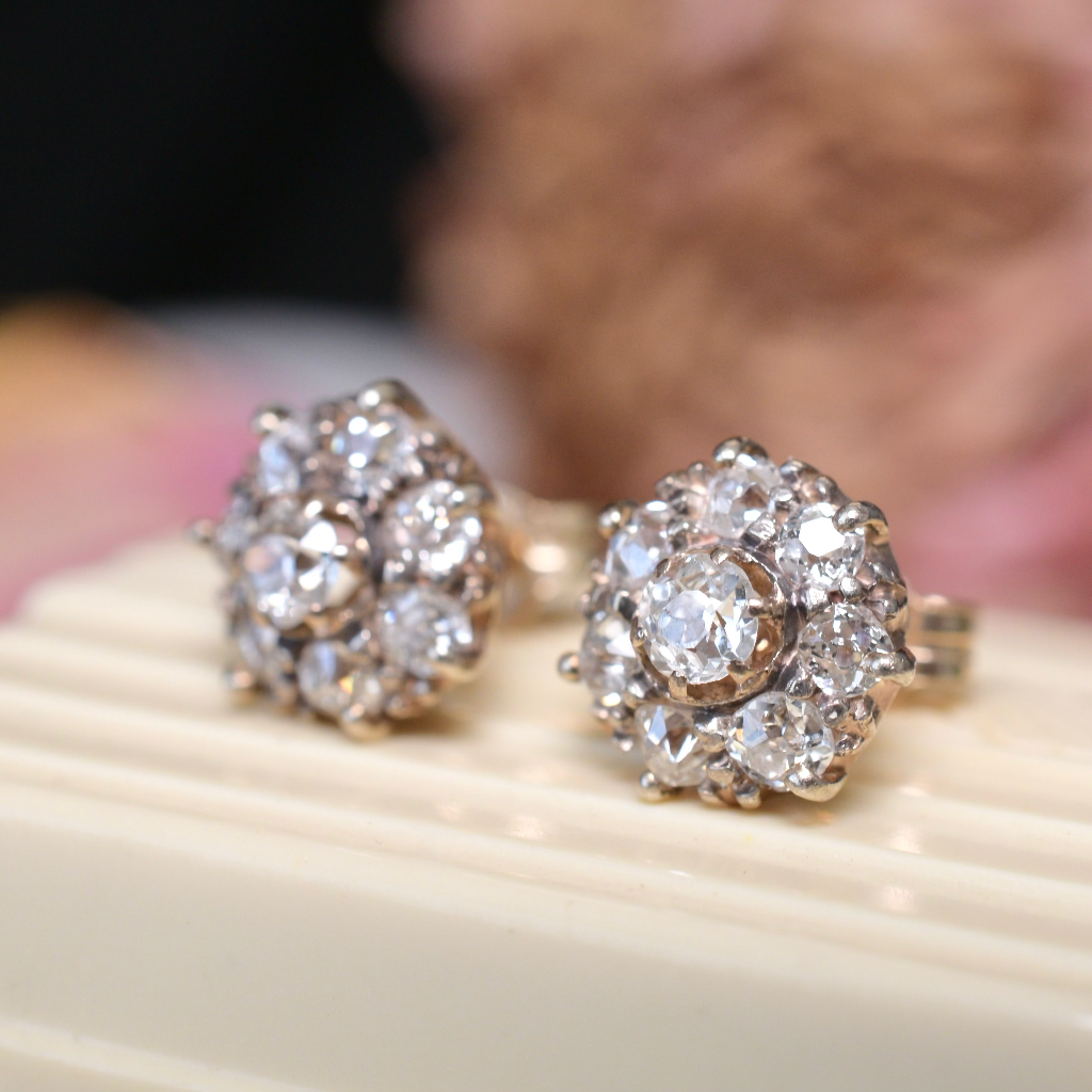 Antique Art Deco Era 9ct And Old Mine Cut Diamond Daisy Cluster Earrings Circa 1920