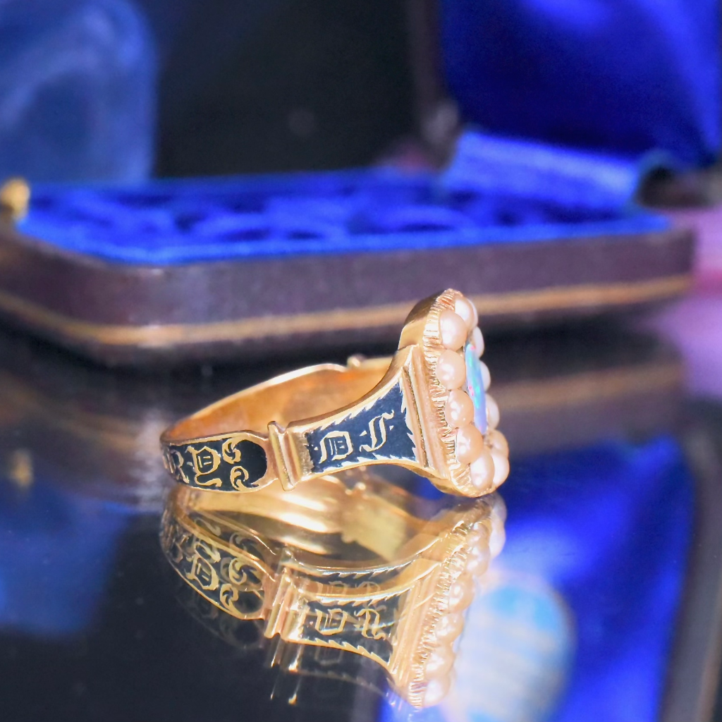 Antique Early Victorian 18ct Gold Pearl And Opal (Doublet) Enamel ‘In Memory Of’ Ring - 1839