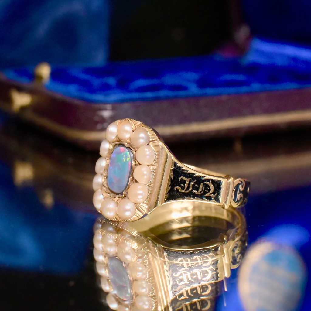 Antique Early Victorian 18ct Gold Pearl And Opal (Doublet) Enamel ‘In Memory Of’ Ring - 1839