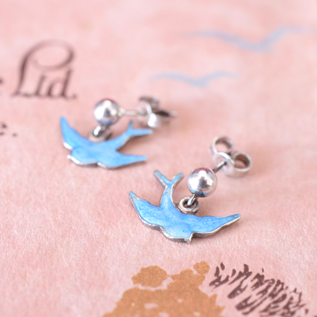 Vintage Australian Sterling Silver ‘Bluebird’ Enamel Earrings Circa 1950-1970’s