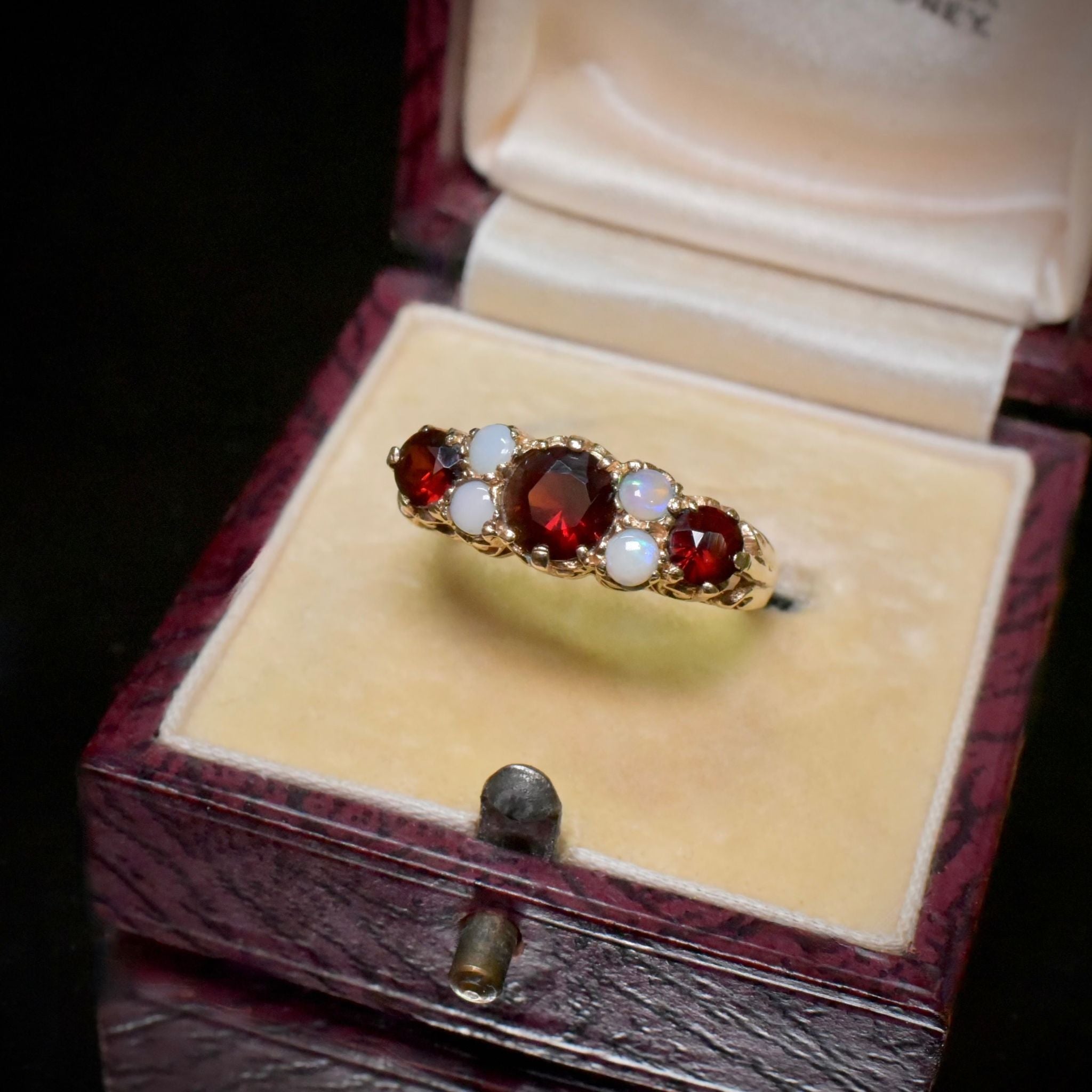 Vintage 9ct Yellow Gold Garnet And Opal Quarter Hoop Ring - London 1976
