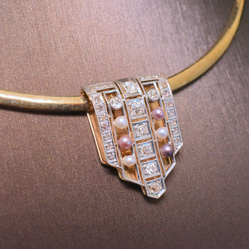 Antique Art Deco 14ct Rose Gold And Platinum Diamond And Pearl Dress Clip Circa 1925