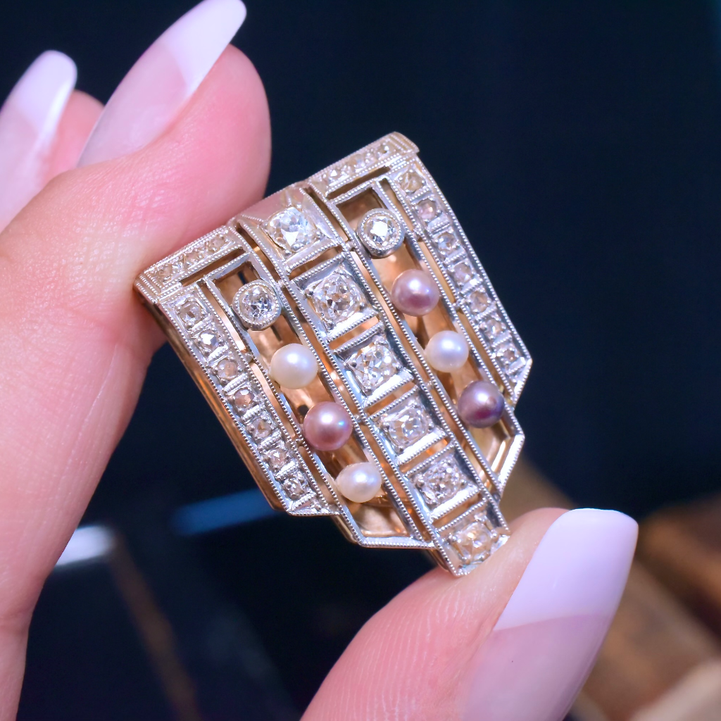 Antique Art Deco 14ct Rose Gold And Platinum Diamond And Pearl Dress Clip Circa 1925
