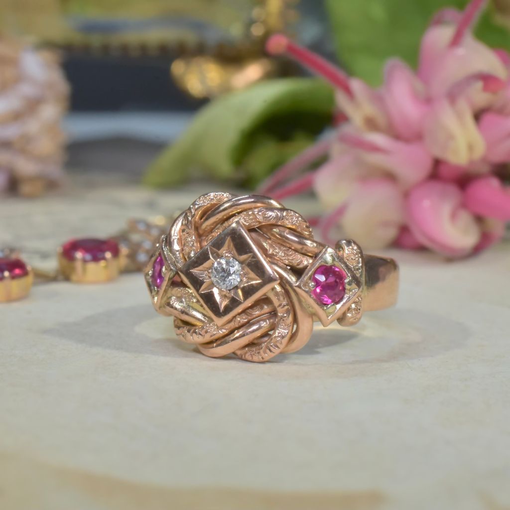 Antique Edwardian 9ct Rose Gold Ruby And Diamond ‘Lovers Knot’ Ring Birmingham 1919