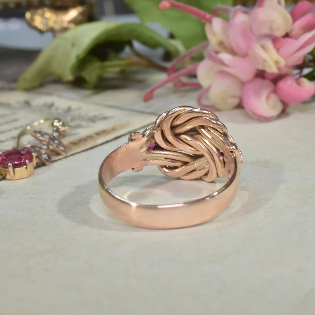 Antique Edwardian 9ct Rose Gold Ruby And Diamond ‘Lovers Knot’ Ring Birmingham 1919