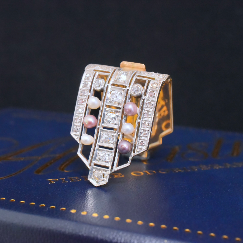 Antique Art Deco 14ct Rose Gold And Platinum Diamond And Pearl Dress Clip Circa 1925